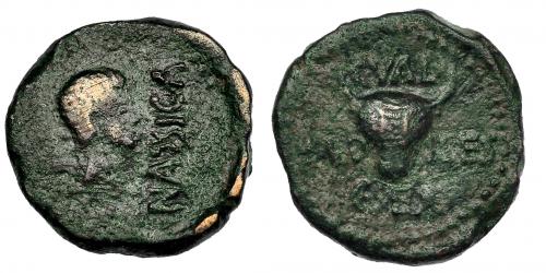 10 - CALAGURRIS. Augusto. Semis. (post. 29-27 a.C.). A/ Cabeza a der.; delante NASSICA. R/ Cabeza frontal de toro; C. VAL/ C SEX AED-ILES. I-425. RPC-432. Pátina verde. BC+/MBC-.