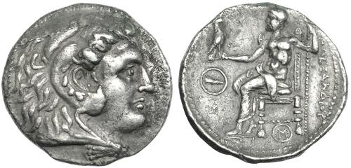 112 - MACEDONIA. ALEJANDRO III (a nombre de). Tiro. Tetradracma (c. 310-295 a.C.). R/ Debajo del trono monograma, delante clava. AR 16,24 g. PRC-3559. Leves erosiones. MBC+.