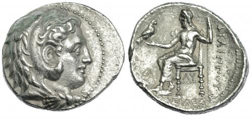 114   -  MACEDONIA. FILIPO III. BABILONIA. Tetradracma (c. 323-317 a.C.). R/ Debajo del trono LY, delante de Júpiter M. Ar 16,87 g. PRC-P181. Algo descentrada. EBC-.