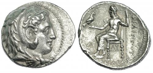 114 - MACEDONIA. FILIPO III. BABILONIA. Tetradracma (c. 323-317 a.C.). R/ Debajo del trono LY, delante de Júpiter M. Ar 16,87 g. PRC-P181. Algo descentrada. EBC-.