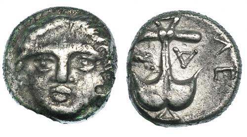 117 - TRACIA. APOLONIA PÓNTICA. Dióbolo (c. 450-400 a.C.). A/ Ancla. R/ Gorgoneion. COP-461 (vte.). SBG-1655 (vte.). MBC-/MBC.