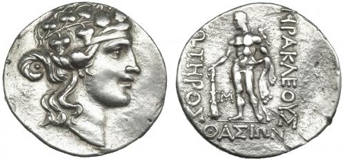 118   -  TRACIA. TASOS. Post. 148 a.C. A/ Cabeza de Dionisos a der. coronada de vid. R/ Hércules a izq.  con ley. griega. SBG-1759. MBC.