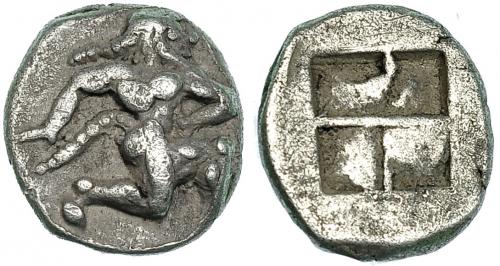 119 - ISLAS DE TRACIA. TASOS. Óbolo. Fin. s. VI? A/ Sátiro corriendo a der. R/ Cuadrado incuso. COP-No. SBG-No. MBC-/MBC.