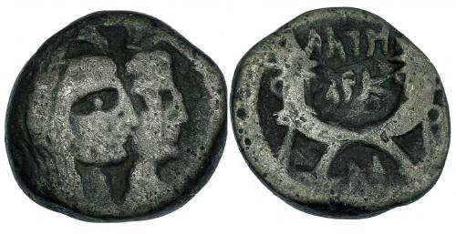141   -  NABATEA. ARETAS IV ( 9 a.C.-40 d.C.). AE-19. A/ Bustos de los reyes. R/ Dos cornucopias; ley. en arameo. SGI-5699. BC+.