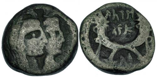141 - NABATEA. ARETAS IV ( 9 a.C.-40 d.C.). AE-19. A/ Bustos de los reyes. R/ Dos cornucopias; ley. en arameo. SGI-5699. BC+.