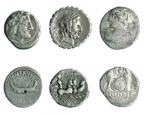 144   -  Lote 6 piezas: 3 denarios, 1 victoriato, 1 denario de Marco Antonio y 1 denario de Augusto. De BC a MBC-.