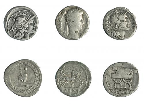145   -  Lote 6 piezas: 5 denarios y 1 denario de Augusto. De BC a MBC-.