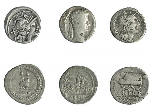 145 - Lote 6 piezas: 5 denarios y 1 denario de Augusto. De BC a MBC-.
