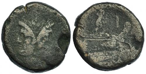 149 - As. Italia central? (211-208 a.C.). R/ Encima de la proa Victoria? AE 32,44 g. Craw-61.2? Defecto de cospel. BC.