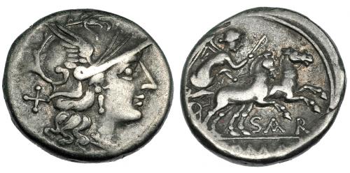 151 - ATILIA. Denario. Roma (155 a.C.). R/ Debajo de la biga SAR. FFC-171. Craw-199.1a. SB-1. MBC.