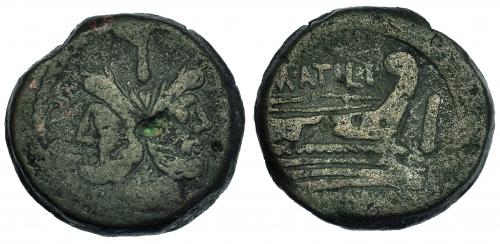 152   -  As. Roma (148 a.C.).  R/ M. ATILI sobre proa. AE 23,11 g. CRAW-214.2a. Pequeños defectos de cospel. BC+.