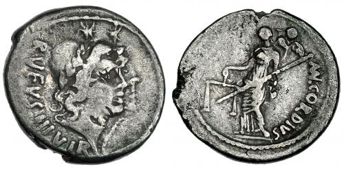 154 - CORDIA. Denario. Roma (46 a.C.). A/ Cabeza de los Dióscuros con pilei y corona de laurel. R/ Venus a izq. FFC-603. Sb-2a. Craw-463.1a. Contramarca. MBC-.