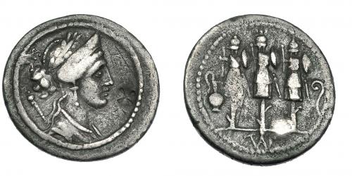 155   -  CORNELIA. Denario. Roma (56 a.C.). A/ Cabeza de Venus. R/ Tres trofeos entre lítuo y preferículo. FFC-643. Sb-63. Craw-426.3. Contramarca en anv. MBC-.