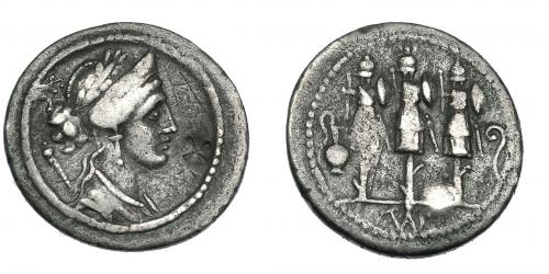 155 - CORNELIA. Denario. Roma (56 a.C.). A/ Cabeza de Venus. R/ Tres trofeos entre lítuo y preferículo. FFC-643. Sb-63. Craw-426.3. Contramarca en anv. MBC-.