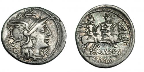 156 - MARCIA. Denario. Roma (148 a.C.). A/ LIBO detrás de la cabeza de Roma. R/ Dióscuros, ley. Q. MARC y ROMA en cartela. FFC.848. SB-1. Craw-215.1. MBC-.