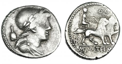 157   -  VOLTEIA. Denario. Roma (78 a.C.). A/ Busto con casco  laúrea a der.; detrás jarra. R/ Cibeles en biga de leones a der.; encima O O. FFC-1232. SB-4. Craw-385.4. Vanos de acuñación. MBC.