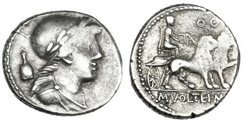 157 - VOLTEIA. Denario. Roma (78 a.C.). A/ Busto con casco laúrea a der.; detrás jarra. R/ Cibeles en biga de leones a der.; encima O O. FFC-1232. SB-4. Craw-385.4. Vanos de acuñación. MBC.