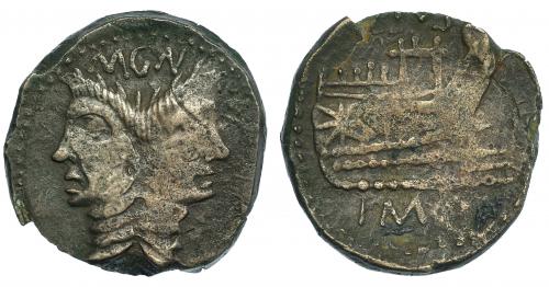 158 - POMPEYO MAGNO. As. Hispania (45 a.C.). A/ Jano con la cara de Cn. Pompeyo. R/ Proa a der.; (P)IVS/IMP. CRAW-479.1. MBC/MBC-.