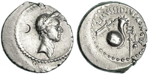 161 - JULIO CÉSAR. Denario. Roma (42 a.C.). A/ Cabeza laureada a der. R/ Timón, globo, cornucopia, caduceo alado y apex; por encima ley. interna L. MVSSIDIVS LONGVS. Craw-494.39a: FFC- 24 (vte.). Algo descentrada. Contramarca en anv. MBC+.