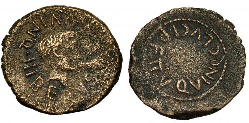 17 - CARTHAGO NOVA. Augusto. Semis. A/ Cabeza masculina a der. de dios fluvial. R/C. LVCI P.F. II VIR. QVINQ. AE 4,5 g. I-580. RPC-160. BC+/MBC-.
