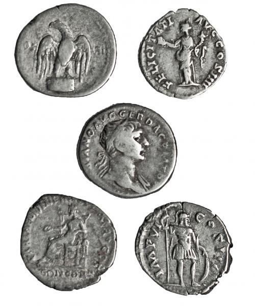170   -  Lote 5 denarios: Vespasiano, Trajano, Adriano, Antonino Pío y Marco Aurelio. BC+/MBC-.