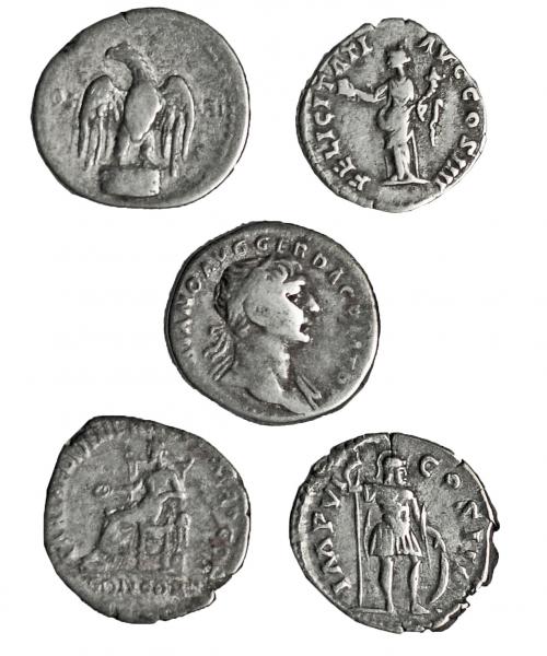 170 - Lote 5 denarios: Vespasiano, Trajano, Adriano, Antonino Pío y Marco Aurelio. BC+/MBC-.