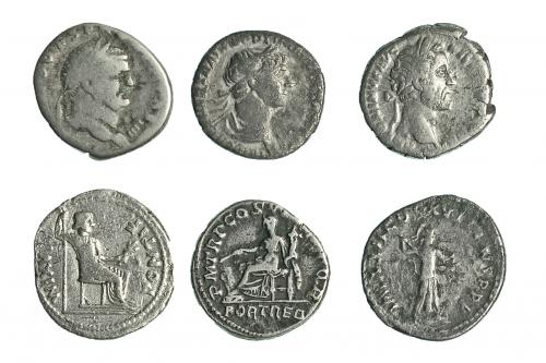 174   -  Lote 6 denarios: Tiberio, Vespasiano, Domiciano, Trajano (2) y Antonino Pío. Uno de ellos con golpe de cizalla. De BC- a MBC-.