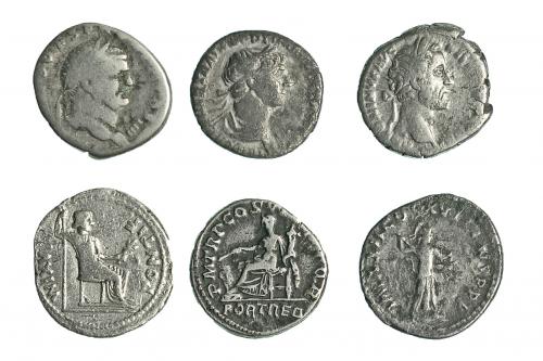 174 - Lote 6 denarios: Tiberio, Vespasiano, Domiciano, Trajano (2) y Antonino Pío. Uno de ellos con golpe de cizalla. De BC- a MBC-.