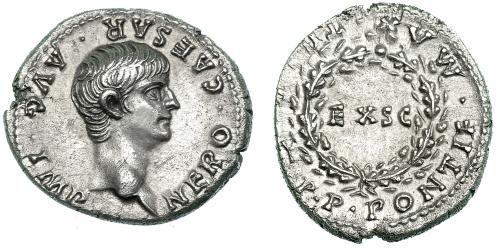 196 - NERÓN. Denario. Roma (55-56). A/ Cabeza a der.; NERO CAESAR AVG. IMP. R/ Corona de laurel rodeando EX SC; ley. PONTIF. MAX. TR. P. II. P. P. RIC-9. Cospel ligeramente abierto. EBC-/EBC.