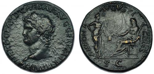 199 - NERÓN. Sestercio. Roma (64 d.C.). A/ Cabeza laureada a izq.; NERO CALVD. CAESAR AVG. GER. P.M. TR. P. IMP. P. P. R/ Ceres sentada a izq. con antorcha y espigas, delante ANNONA AVGVSTI. RIC-138. Pátina oscura. MBC.