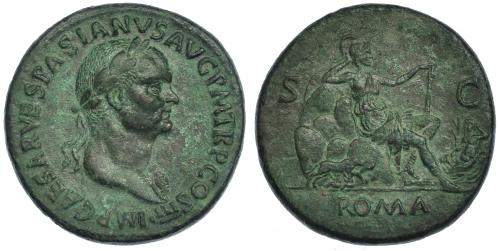 217 - VESPASIANO. Sestercio. ¿Roma, Lugdunum, Tarraco? (71 d.C.). A/ Cabeza laureada y con égida a der; IMP CAESAR VESPASIANVS AVG. R/ Roma recostada sobre rocas a der. con parazonium; detrás las colinas de Roma, delante la loba con los gemelos y la personificación del Tíber. RIC-442. Pátina verde. EBC-.