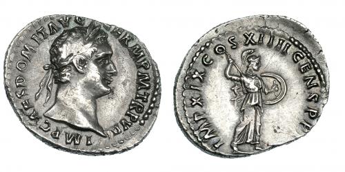 221 - DOMICIANO. Denario. Roma (88-89). R/ Minerva a der.; IMP XIX COS XIIII CENS P PP. RIC-137. Pequeñas marcas. MBC.