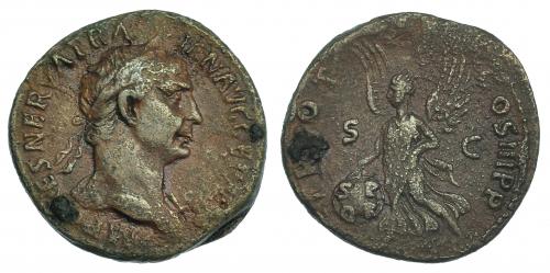 228 - TRAJANO. As. Roma (99-100). R/ Victoria avanzando a izq. con escudo con ley. SPQR. RIC-417. Vanos y puntos de óxido. MBC-.