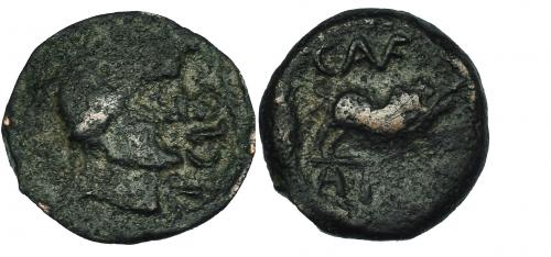 23 - CASTULO. Cuadrante. A/ Cabeza masculina laureada y con ínfulas a der., del. AP CLO. R/ Jabalí a der.; encima C. AVF, debajo bajo línea A. P(OS). AE 2,52 g. CNH-58. I-744. ACIP-2162. BC/BC+. Rara.