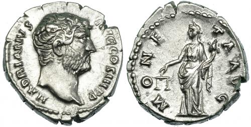 233 - ADRIANO. Denario. Roma (134-138). A/ Cabeza a der.; HADRIANVS AVG. COS. III. P.P. R/ Moneta a izq. con balanza y cornucopia; MONETA AVG. EBC-.