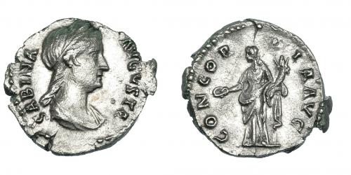 236 - SABINA. Denario. Roma. 128-136. R/ Concordia a izq. CONCORDIA AVG. RIC-290. Cospel irregular. Superficie rugosa. MBC.