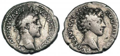 250 - ANTONINO PÍO Y MARCO AURELIO. Denario. Roma (140). A/ Cabeza de Antonino laureada a der. R/ Cabeza de Marco Aurelio a der. RIC-417. Rayas en anv.