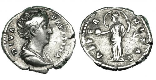 254 - FAUSTINA LA MAYOR. Denario. Roma (post. 141). A/ DIVA FAVSTINA. R/ Providentia con velo y globo; AETERNITAS. RIC-351. MBC-/BC+.