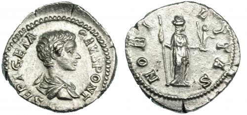 274 - GETA. Denario. Roma (200-202). A/ Busto drapeado a der. R/ Nobilitas a der. con cetro y palladium; NOBILITAS. RIC 13a. EBC-/MBC+.