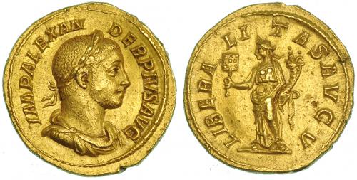 278 - ALEJANDRO SEVERO. Áureo. Roma (231-235). A/ Busto laureado, drapeado a der.; IMP. ALEXANDER PIVS AVG. R/ Liberalitas a izq. con cornucopia y ábaco; LIBERALITAS AVGV. RIC-242. Golpes en anv. y canto. MBC+.