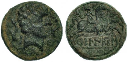 29 - KUELIOKOS. Unidad. A/ Cabeza masculina a der.; delante Ku entre dos delfines. R/ Jinete con palma a der.; sobre línea KuELIOKoS. CNH-5. I-870. ACIP-1690 (corr.). Pátina verde. MBC-/MBC.