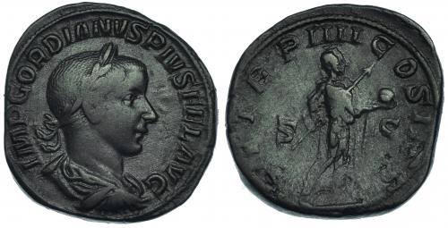 291 - GORDIANO III. Sestercio. Roma (241-243). R/ Gordiano a der. con globo y lanza; P M TR P IIII COS II P P S-C. RIC-306a. MBC-.
