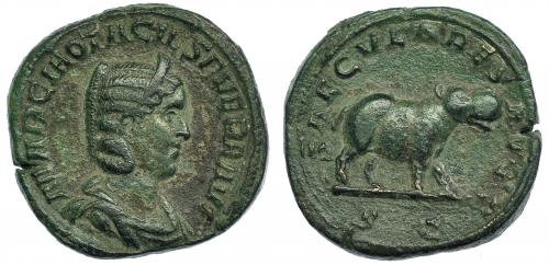 301 - OTACILIA SEVERA. Sestercio. Roma. A/ Busto drapeado y diademado a der.; MARCIA OTACIL SEVERA AVG. R/ Hipopótamo a der.; SAECVLA RES AVGG., exergo S.C. RIC-200. Pátina verde. MBC.