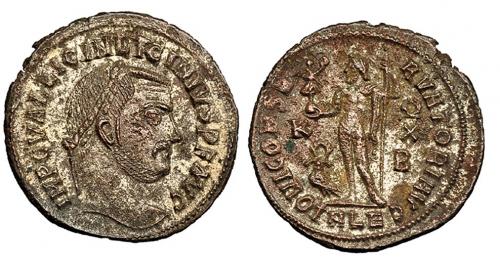 343 - LICINIO I. Follis. Alejandría (316-317). R/ Júpiter con victoria y cetro; delante águila con corona; en campo K-X/B, en exergo ALE; IOVI CONSERVATORI. RIC-16. R.P.O. Erosiones. MBC+.