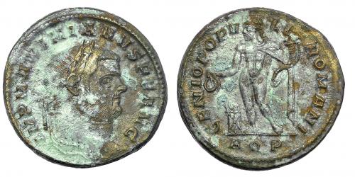 345 - MAXIMIANO HERCÚLEO. Follis. Aquileia (299). R/ GENIO POPVLI ROMANI, exergo AQP. Pátina verde claro irregular. MBC+.
