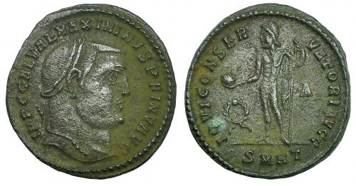 346 - MAXIMINO II. Follis. Heraclea. R/ IOVI CONSERVATORI AVGG; en campo corona-A, exergo SMHT. RIC-69 vte. Leve oxidación. MBC.