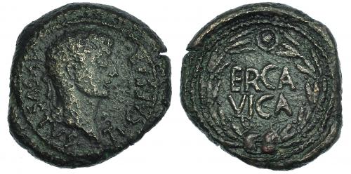 36 - ERCAVICA. Tiberio. Semis. A/ Cabeza laureada a der.; TI CAESAR AVGVSTVS. R/ Corona de roble rodenado ERCA/VICA. I-1284. RPC-463. Erosión en la superficie. MBC-/MBC+.
