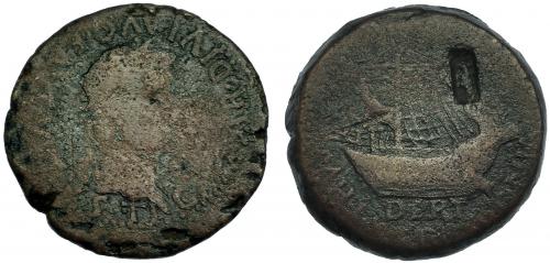 44 - DERTOSA. Tiberio. As. A/ Cabeza laureada a der.; (TI CAES)AR DIVI AVG (F AVGVSTVS). R/ Nave a izq., debajo DERT., alrededor M H I(LERCAVONIA). I-1492. RPC-207. Contramarca espiga. RC.