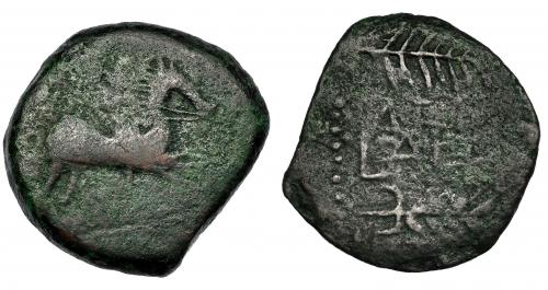 50   -  LAELIA. As. A/ Jinete a der. sobre línea. R/ LAELI(A) entre palma y espiga a der. AE 11,06 g. CNH-5. I-1647. ACIP-2365. BC-. Rara.