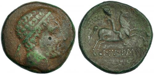 51 - LAIESKEN. As. A/ Cabeza masculina diademada a der. R/ Jinete con palma a der.; debajo sobre línea LAIESKeN. CNH-1. I-1660. ACIP-1324. Pátina verde. MBC-/MBC. Rara.
